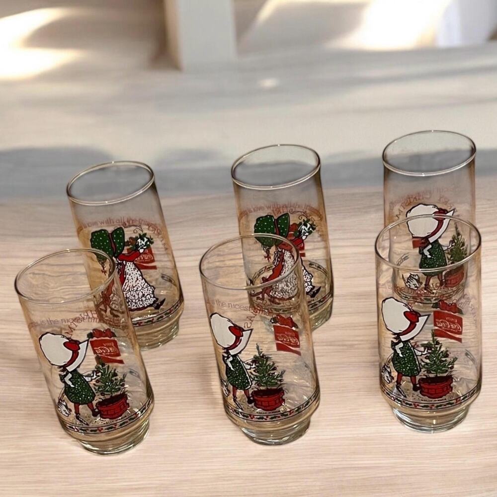 Set of 6 Vintage HOLLY HOBBIE Coca-Cola Christmas Glasses FAST SHIPPING 3108-59